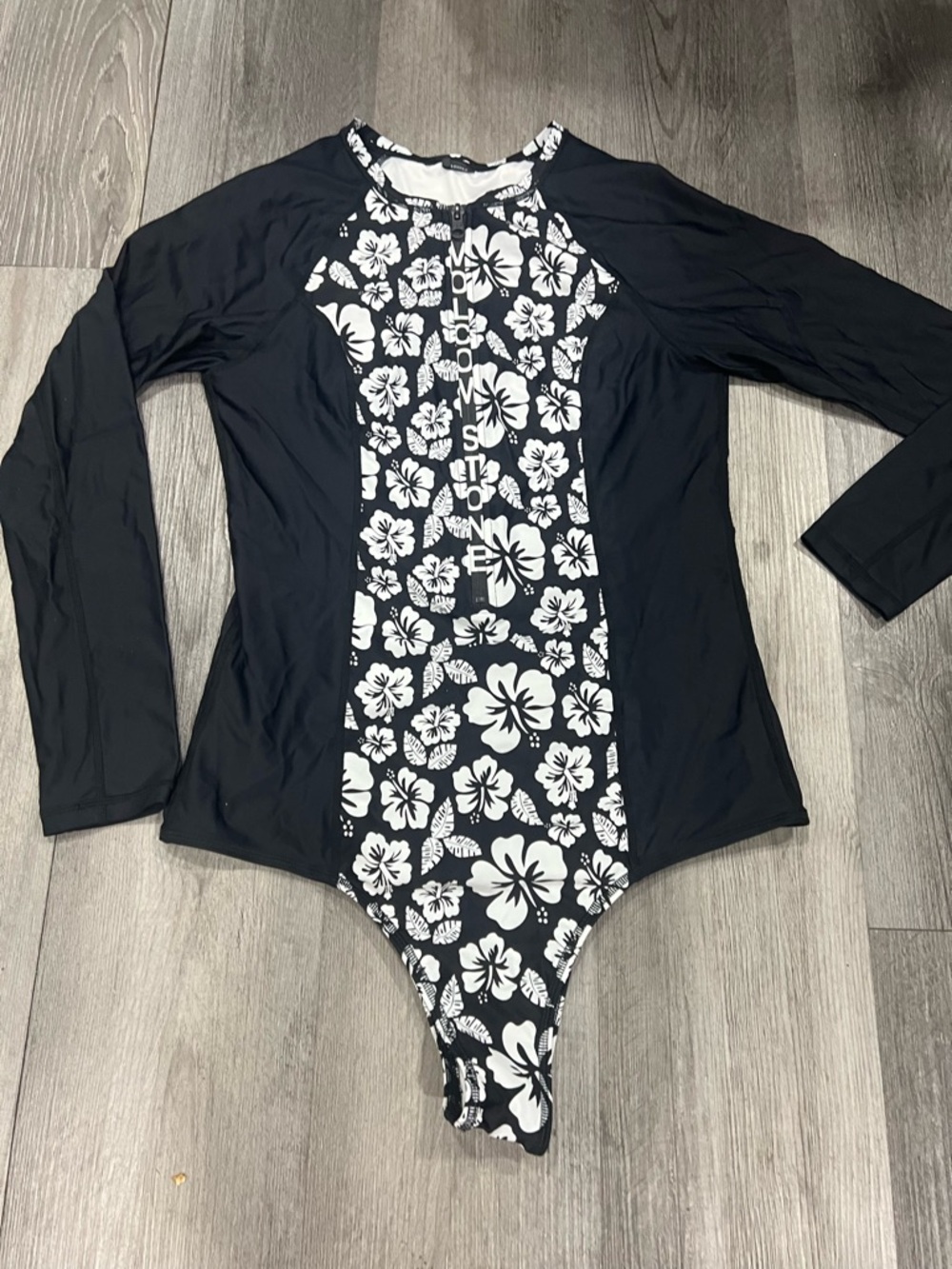 Black & White Floral Long-Sleeve One-Piece Swimsuit